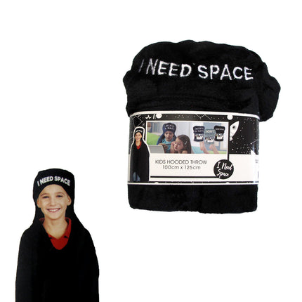 Kids Embroidered Hooded Throw Rug 100 x 125cm Black I Need Space.