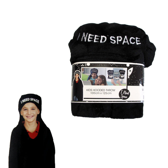 Kids Embroidered Hooded Throw Rug 100 x 125cm Black I Need Space.