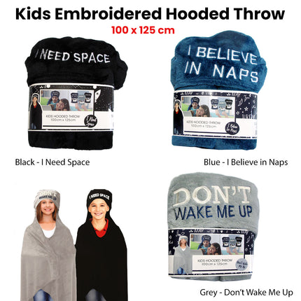 Kids Embroidered Hooded Throw Rug 100 x 125cm Black I Need Space.
