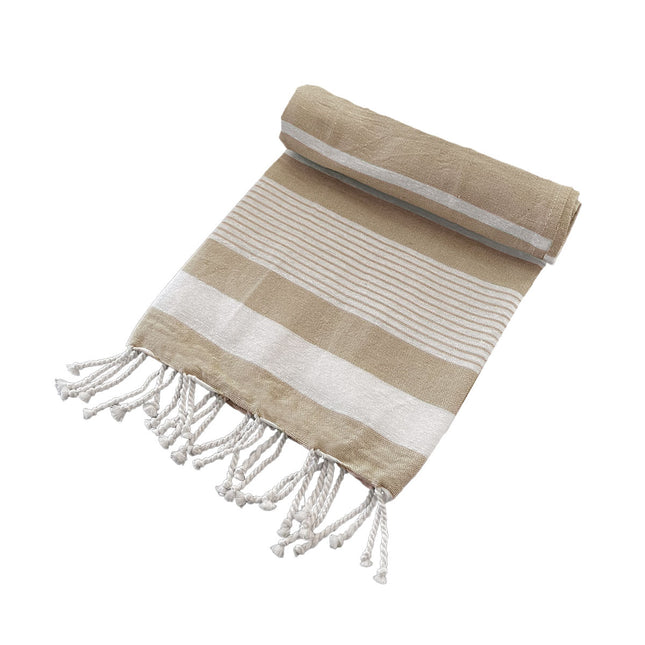 Cotton Rich Large Turkish Beach Towel with Tassels 80cm x 155cm Taupe.