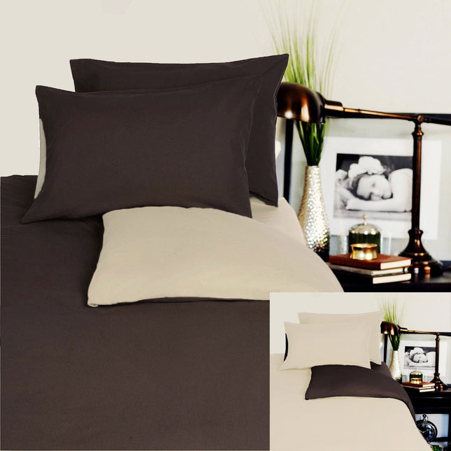 Hotel Living Reversible 100% Cotton JERSEY Quilt Cover Set Chocolate / Linen - DOUBLE.