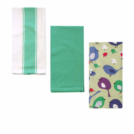 Home Oasis Set of 3 Printed Cotton Rich Tea Towels 50 x 70 cm Birdie Mint.