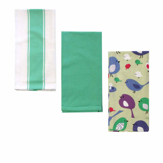Home Oasis Set of 3 Printed Cotton Rich Tea Towels 50 x 70 cm Birdie Mint.
