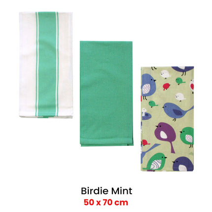 Home Oasis Set of 3 Printed Cotton Rich Tea Towels 50 x 70 cm Birdie Mint.