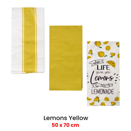 Home Oasis Set of 3 Printed Cotton Rich Tea Towels 50 x 70 cm Lemons Yellow.