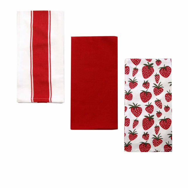 Home Oasis Set of 3 Printed Cotton Rich Tea Towels 50 x 70 cm Strawberry Red.