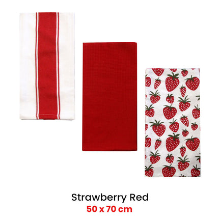 Home Oasis Set of 3 Printed Cotton Rich Tea Towels 50 x 70 cm Strawberry Red.