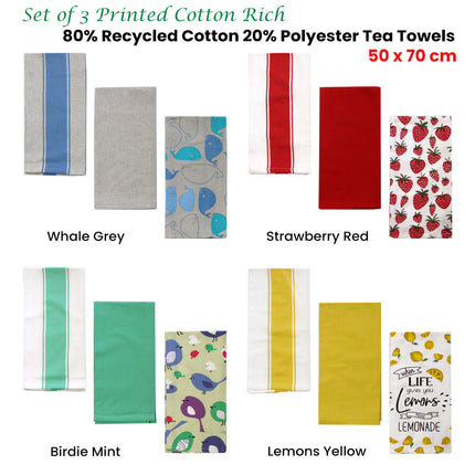 Home Oasis Set of 3 Printed Cotton Rich Tea Towels 50 x 70 cm Strawberry Red.
