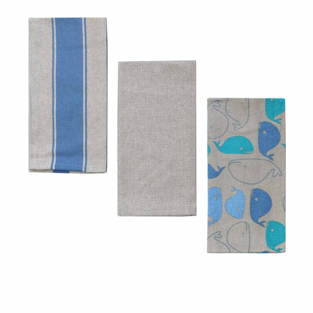 Home Oasis Set of 3 Printed Cotton Rich Tea Towels 50 x 70 cm Whale Grey.