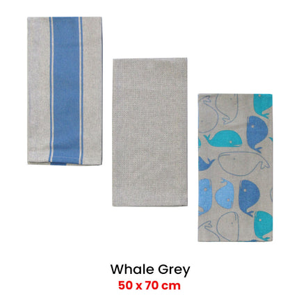Home Oasis Set of 3 Printed Cotton Rich Tea Towels 50 x 70 cm Whale Grey.