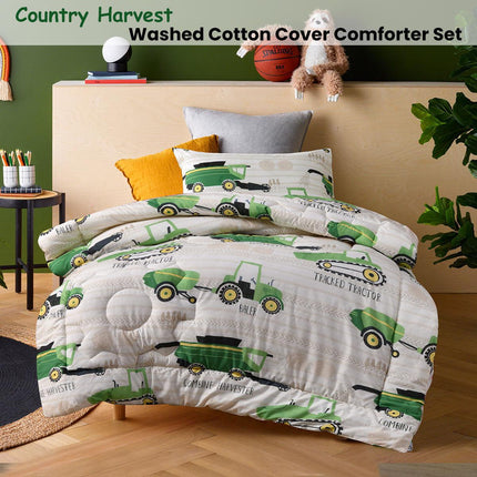 Happy Kids Country Harvest 2 Piece Washed Cotton Cover Comforter Set Single 160cm x 220cm.