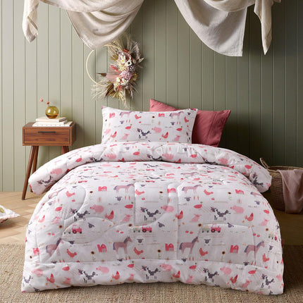Happy Kids Farmyard Friends 2 Piece Washed Cotton Cover Comforter Set Single 160cm x 220cm.