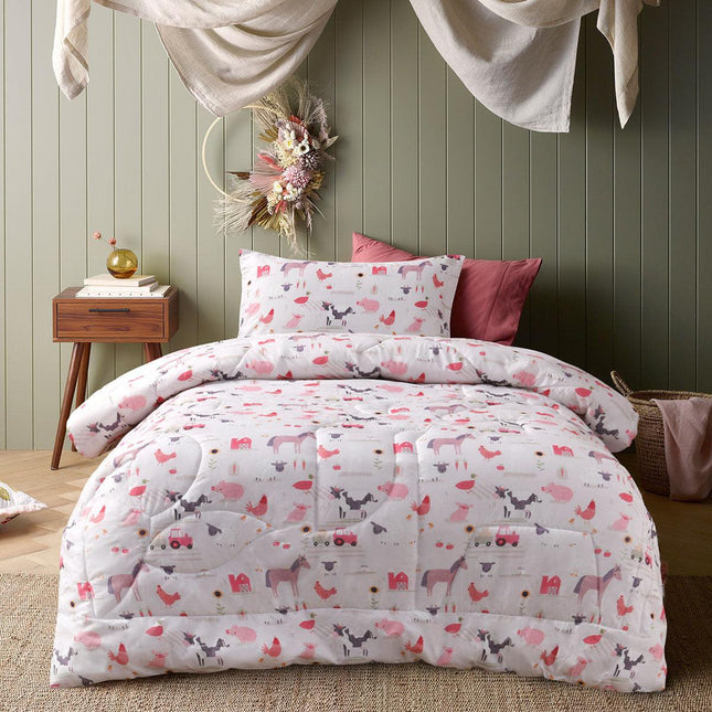 Happy Kids Farmyard Friends 2 Piece Washed Cotton Cover Comforter Set Single 160cm x 220cm.