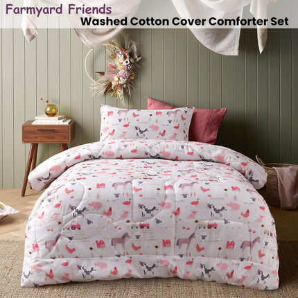 Happy Kids Farmyard Friends 2 Piece Washed Cotton Cover Comforter Set Single 160cm x 220cm.