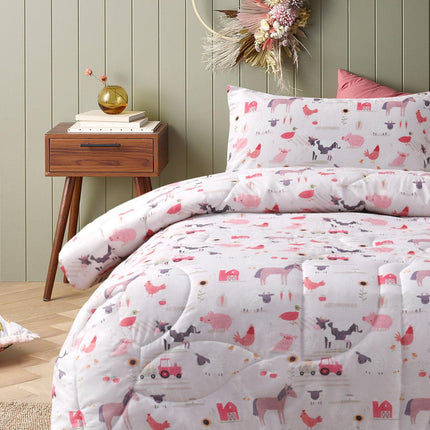 Happy Kids Farmyard Friends 2 Piece Washed Cotton Cover Comforter Set Single 160cm x 220cm.