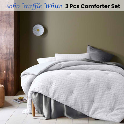 Accessorize Soho Waffle White 3 Piece Comforter Set Queen.