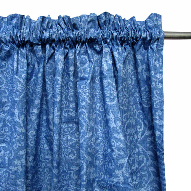 Pair of Polyester Cotton Rod Pocket Blue Damask Curtains.