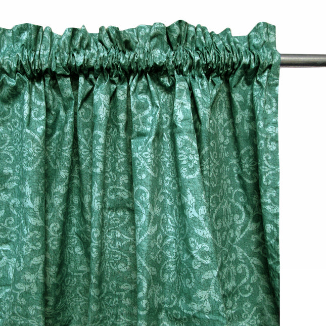 Pair of Polyester Cotton Rod Pocket Green Damask Curtains.