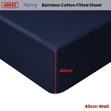 Accessorize 400TC Navy Bamboo Cotton Fitted Sheet 40cm Wall Double.