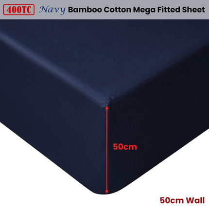 Accessorize Navy Bamboo Cotton Mega Fitted Sheet 50cm Wall Super King.