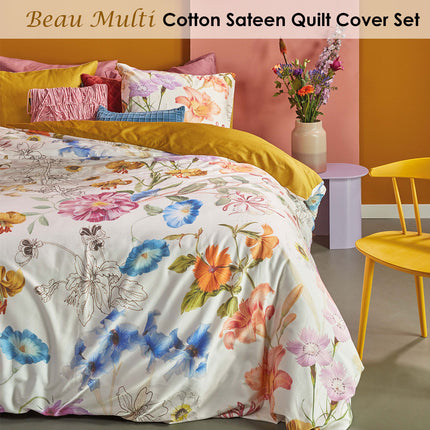 Bedding House Beau Multi Cotton Sateen Quilt Cover Set Queen.