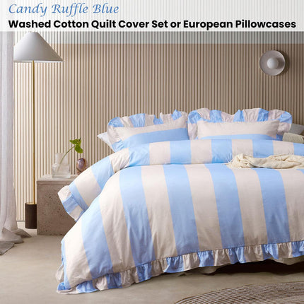 Vintage Design Homewares Candy Ruffle Blue Striped Washed Cotton Quilt Cover Set Queen.