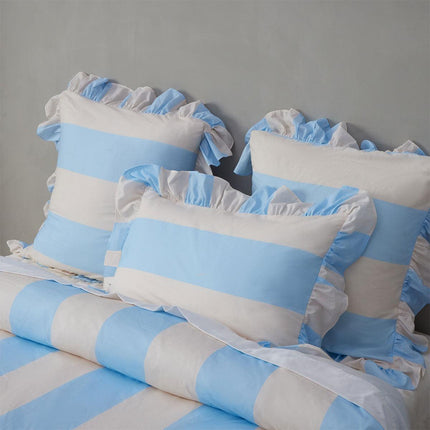 Vintage Design Homewares Candy Ruffle Blue Striped Washed Cotton Quilt Cover Set Queen.
