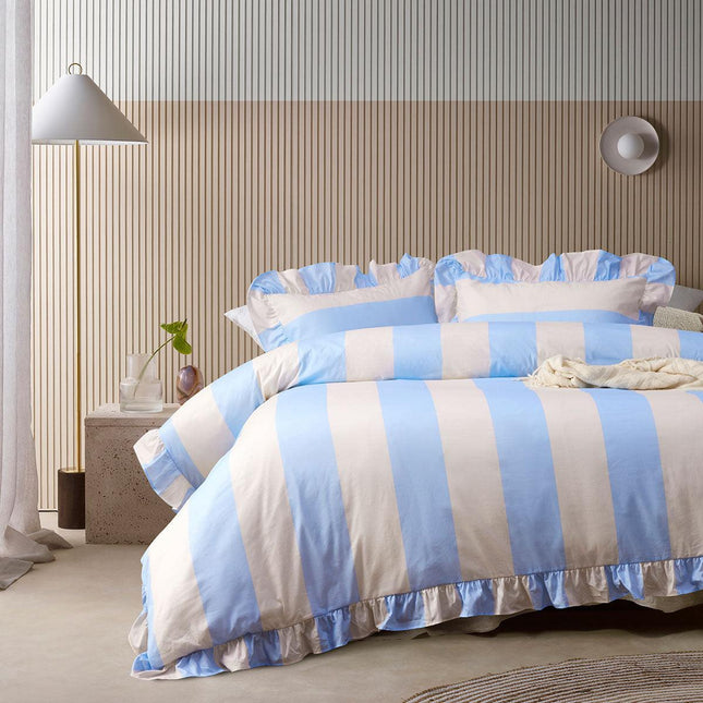 Vintage Design Homewares Candy Ruffle Blue Striped Washed Cotton Quilt Cover Set Super King.