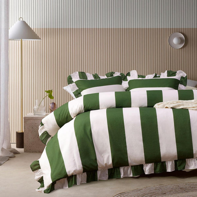 Vintage Design Homewares Candy Ruffle Green Striped Washed Cotton Quilt Cover Set King.