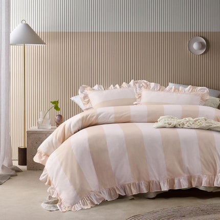 Vintage Design Homewares Candy Ruffle Natural Striped Washed Cotton Quilt Cover SetQueen.