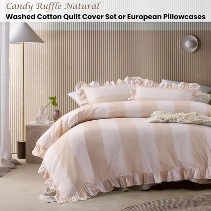 Vintage Design Homewares Candy Ruffle Natural Striped Washed Cotton Quilt Cover SetQueen.
