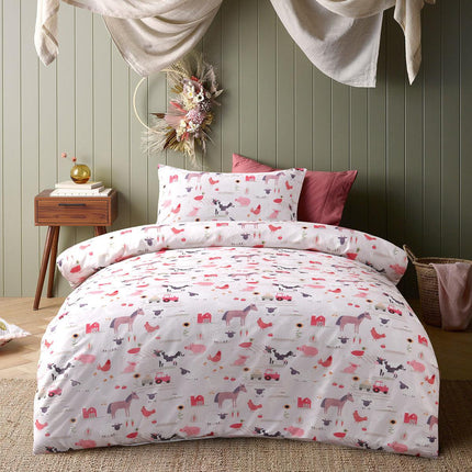 Happy Kids Farmyard Friends Washed Quilt Cover Set Single.
