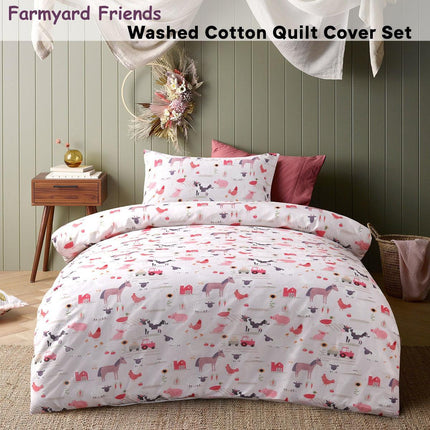 Happy Kids Farmyard Friends Washed Quilt Cover Set Single.