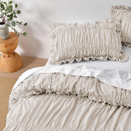 Vintage Design Homewares Haven Natural Washed Cotton Ruched Quilt Cover Set Double.