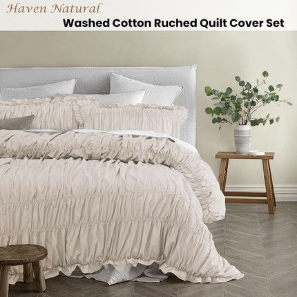 Vintage Design Homewares Haven Natural Washed Cotton Ruched Quilt Cover Set King.