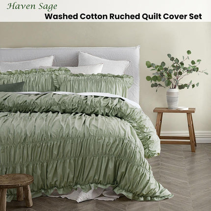 Vintage Design Homewares Haven Sage Washed Cotton Ruched Quilt Cover Set King.