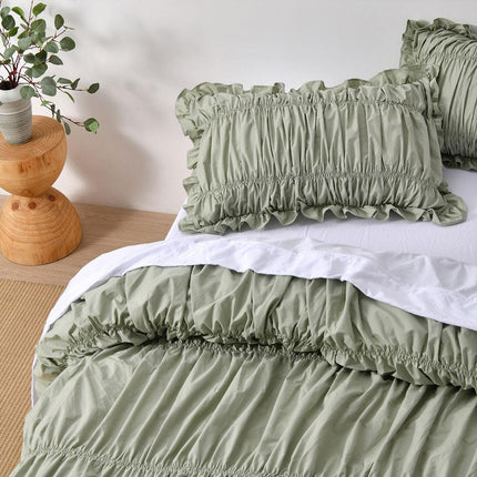 Vintage Design Homewares Haven Sage Washed Cotton Ruched Quilt Cover Set King.