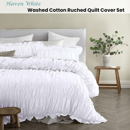 Vintage Design Homewares Haven White Washed Cotton Ruched Quilt Cover Set Queen.