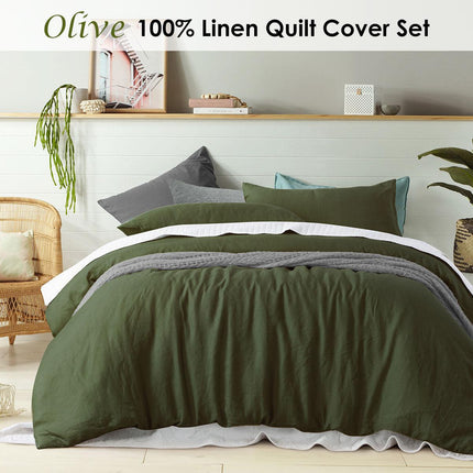 100% Linen Olive Quilt Cover Set Super King.