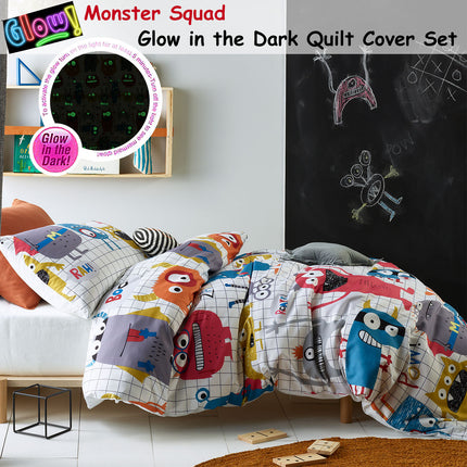 Happy Kids Monster Squad Glow in the Dark Quilt Cover Set Single.