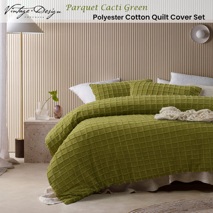 Vintage Design Homewares Parquet Cacti Green Polyester Cotton Quilt Cover Set King.
