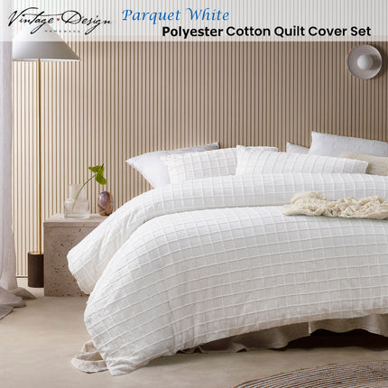 Vintage Design Homewares Parquet White Polyester Cotton Quilt Cover Set Single.