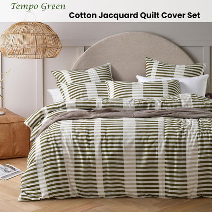 Vintage Design Homewares Tempo Green Cotton Jacquard Quilt Cover Set King.