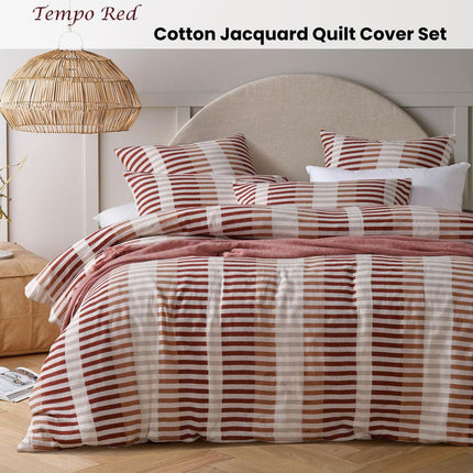 Vintage Design Homewares Tempo Red Cotton Jacquard Quilt Cover Set King.