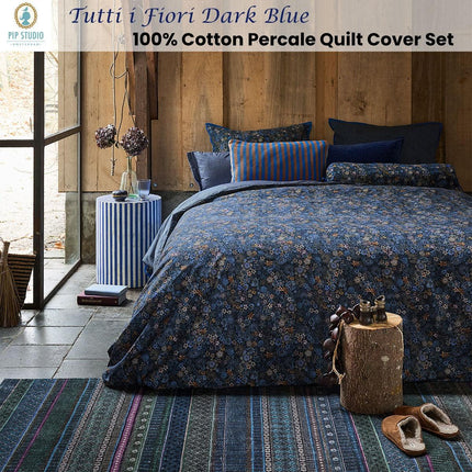 PIP Studio Tutti i Fiori Dark Blue Cotton Quilt Cover Set Queen.