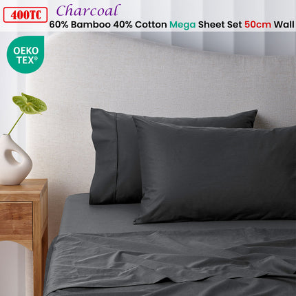 Accessorize 400TC Charcoal Bamboo Cotton Mega / Super Sheet Set 50cm Wall Super King.