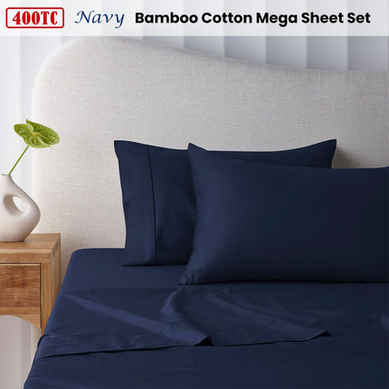 Accessorize 400TC Navy Bamboo Cotton Mega Sheet Set 50cm Wall Queen.