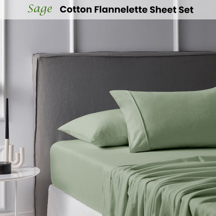 Accessorize Cotton Flannelette Sheet Set 40cm Wall Sage King.