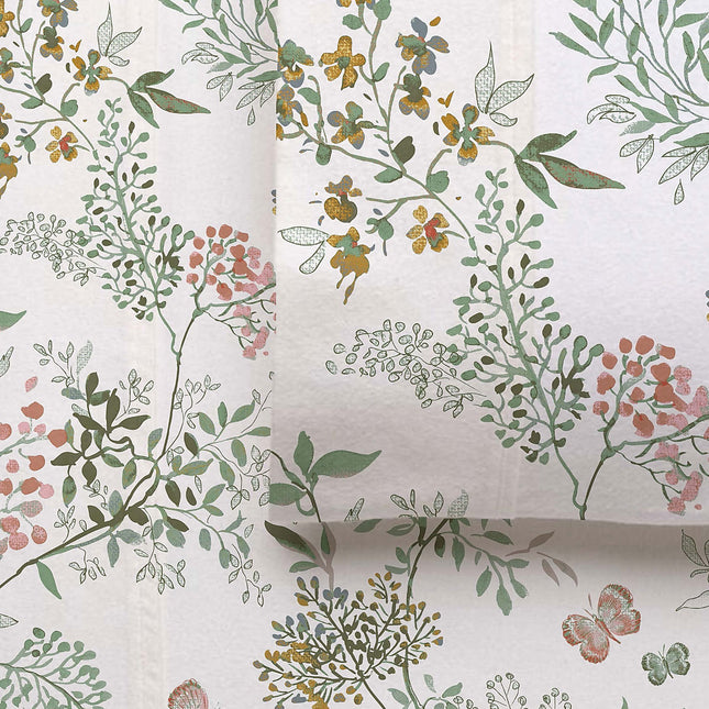 Accessorize Cotton Flannelette Sheet Set 40cm Wall Feuilles Floral Print King.
