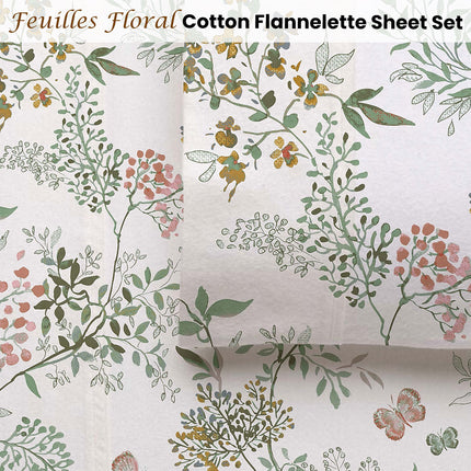 Accessorize Cotton Flannelette Sheet Set 40cm Wall Feuilles Floral Print King.